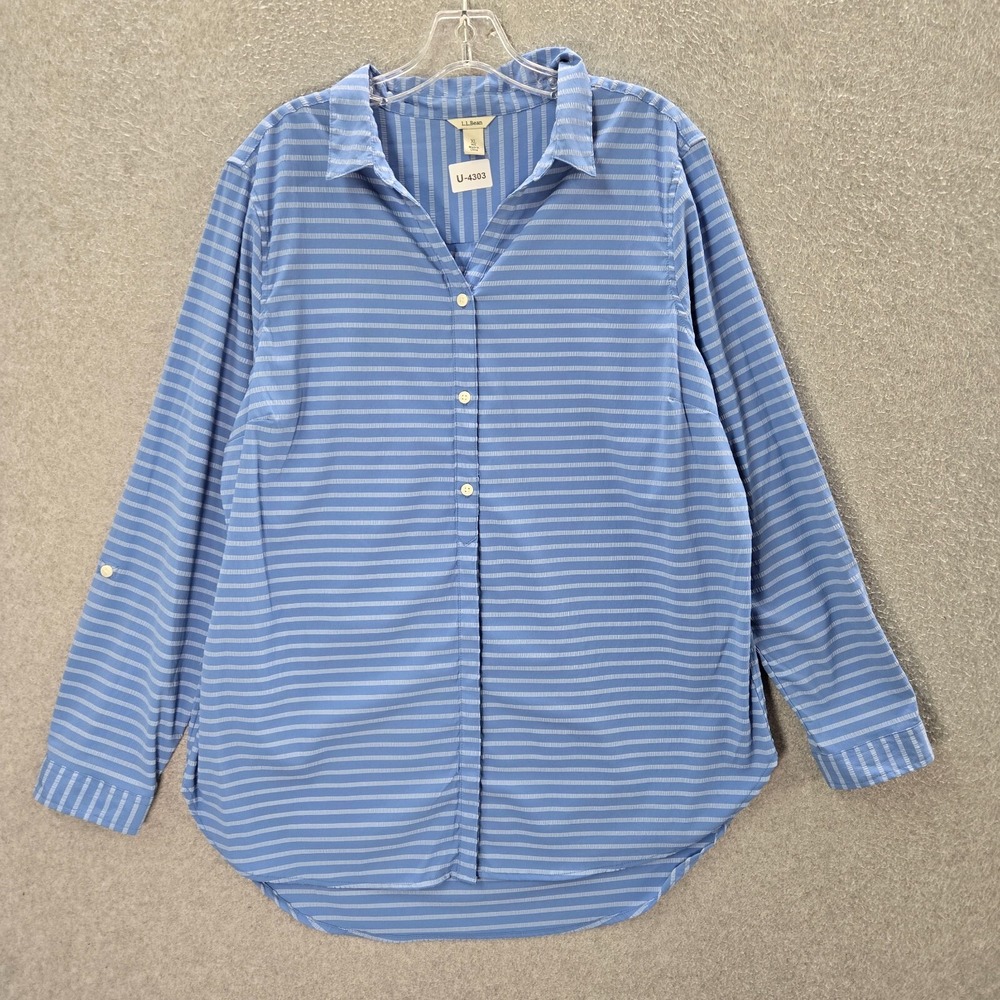 LL Bean Women Top XL Blue Striped Button Up‎ Long Sleeve Collar Nylon Spandex